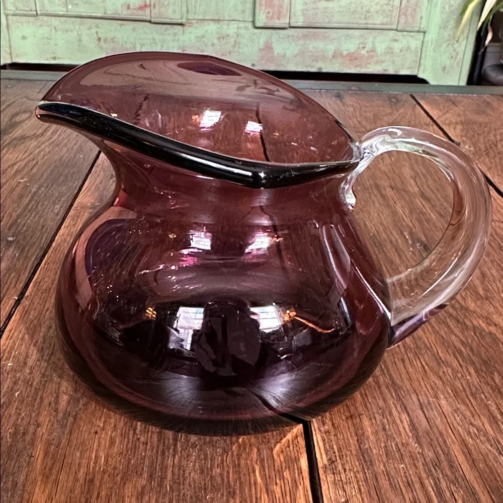 Vintage Hand Blown Amethyst Glass Pitcher Vase Applied Clear Handle Art Glass